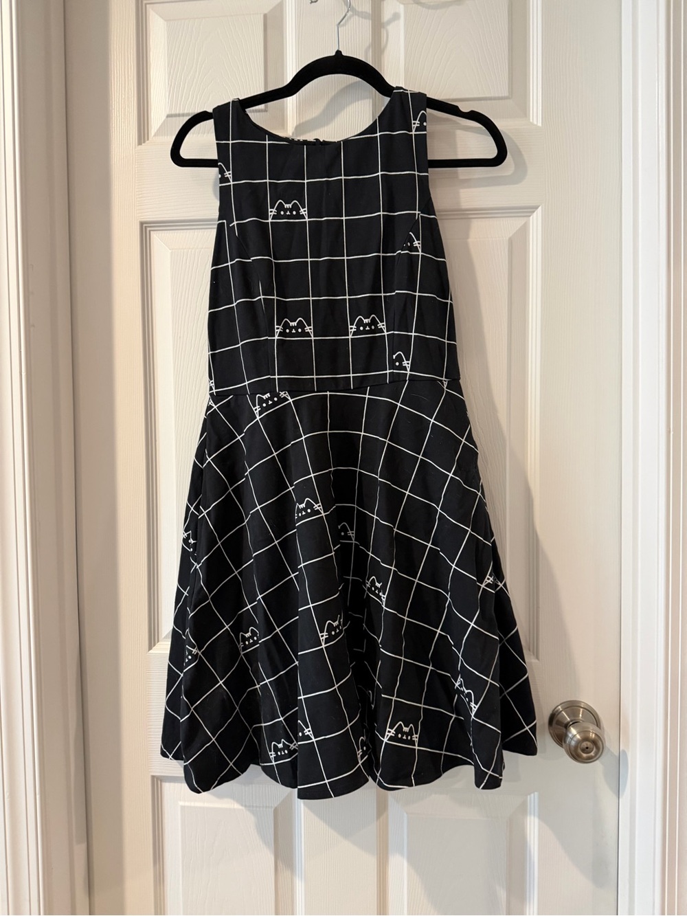 Pusheen Black and White Grid Fit-and-Flare Dress